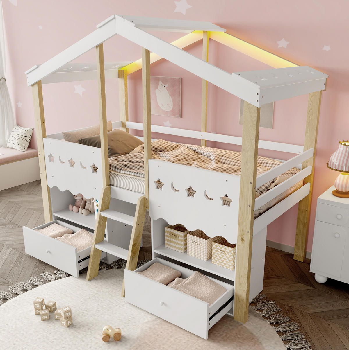 HALBHOHES Kinderbett 90/200 cm aus Kiefernholz mit LED-Beleuchtung, Hausform, 2 Schubladen und Regalen, Weiß/Natur - Weiß, Holz (90/200cm) - Redom