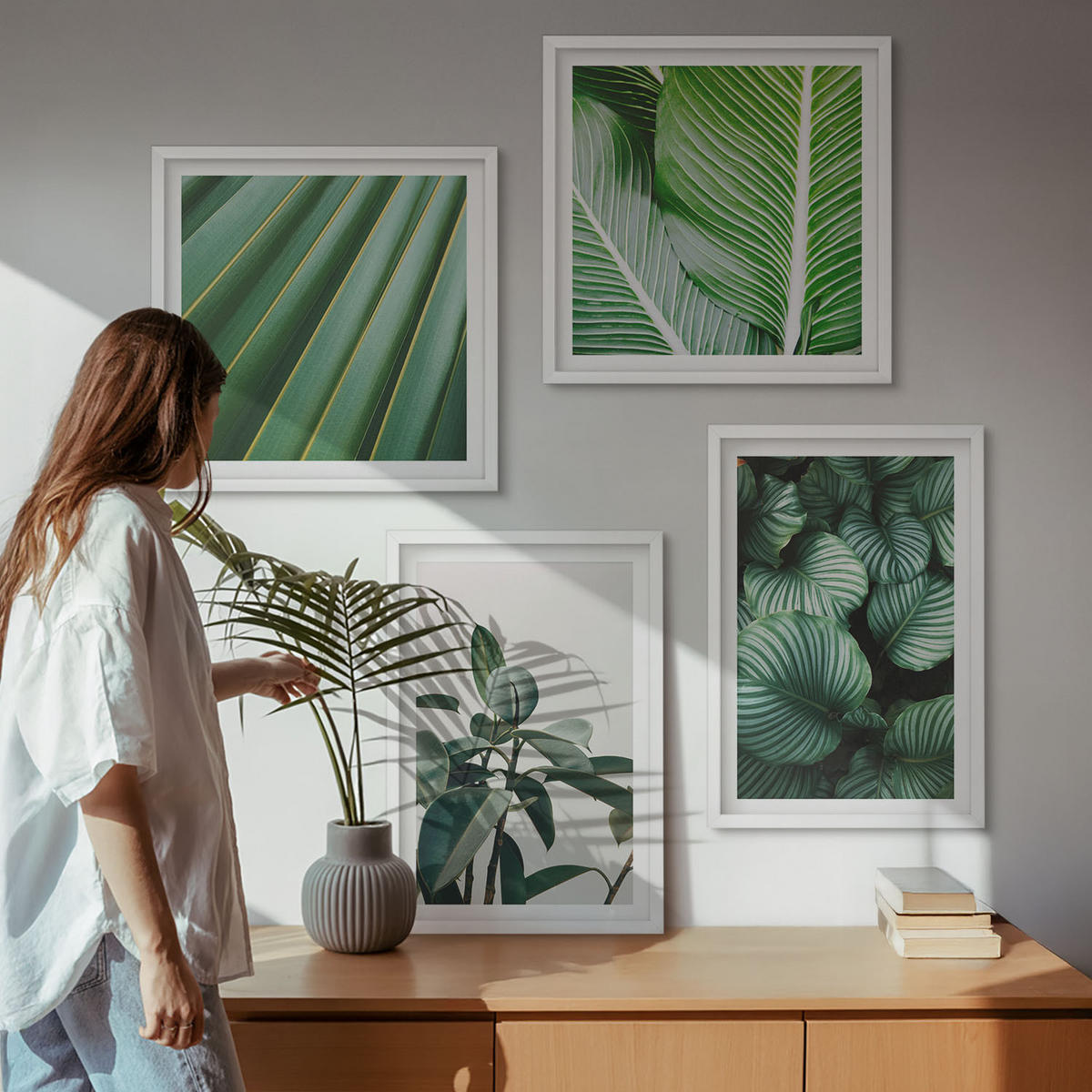 WANDBILDER 4er-Set - 50x50 cm & 40x60 cm Weißer Rahmen - Tropische Blätter in Grün - Weiß, Kunststoff (50/50cm) - ArtPrintCave