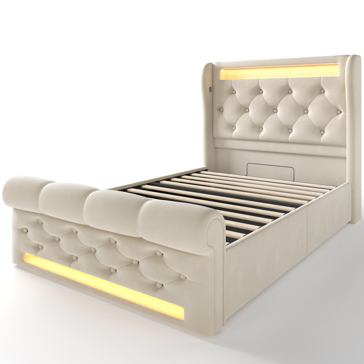 POLSTERBETT 90/200 cm mit LED-Beleuchtung, USB- und Type-C-Anschluss, hydraulischem Stauraum und Samtbezug, Beige - Beige, Textil (90/200cm) - Redom