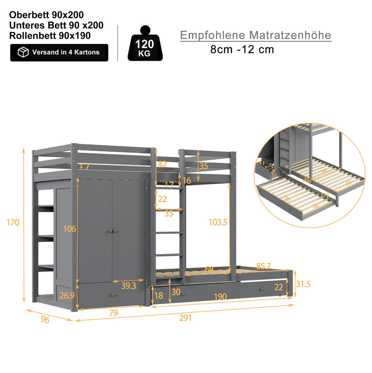 ETAGENBETT 90/200 cm, Grau mit Ausziehbett und Kleiderschrank - Grau, Holz (90/200cm) - MIVRAY