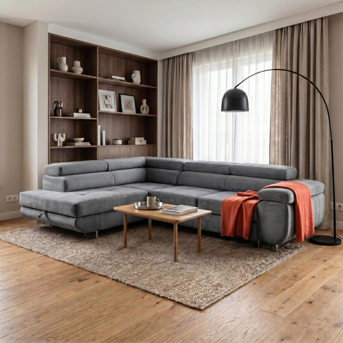 ECKSOFA WILD L Links mit Schlaffunktion 127x195 Velours Grau - Chromfarben/Grau, Holz/Textil (203/274cm) - Muffo