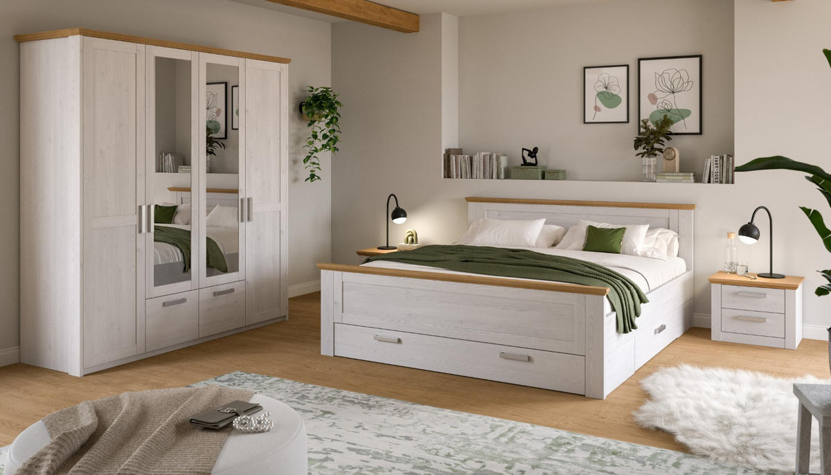 NACHTTISCH 2er Set weiß Lärche, Eiche Artisan Landhaus 56 x 43 cm, 2x Nachtkommode mit Schubkästen - Eichefarben/Silberfarben, Holzwerkstoff/Kunststoff (56/43/39cm) - Inn.Furn