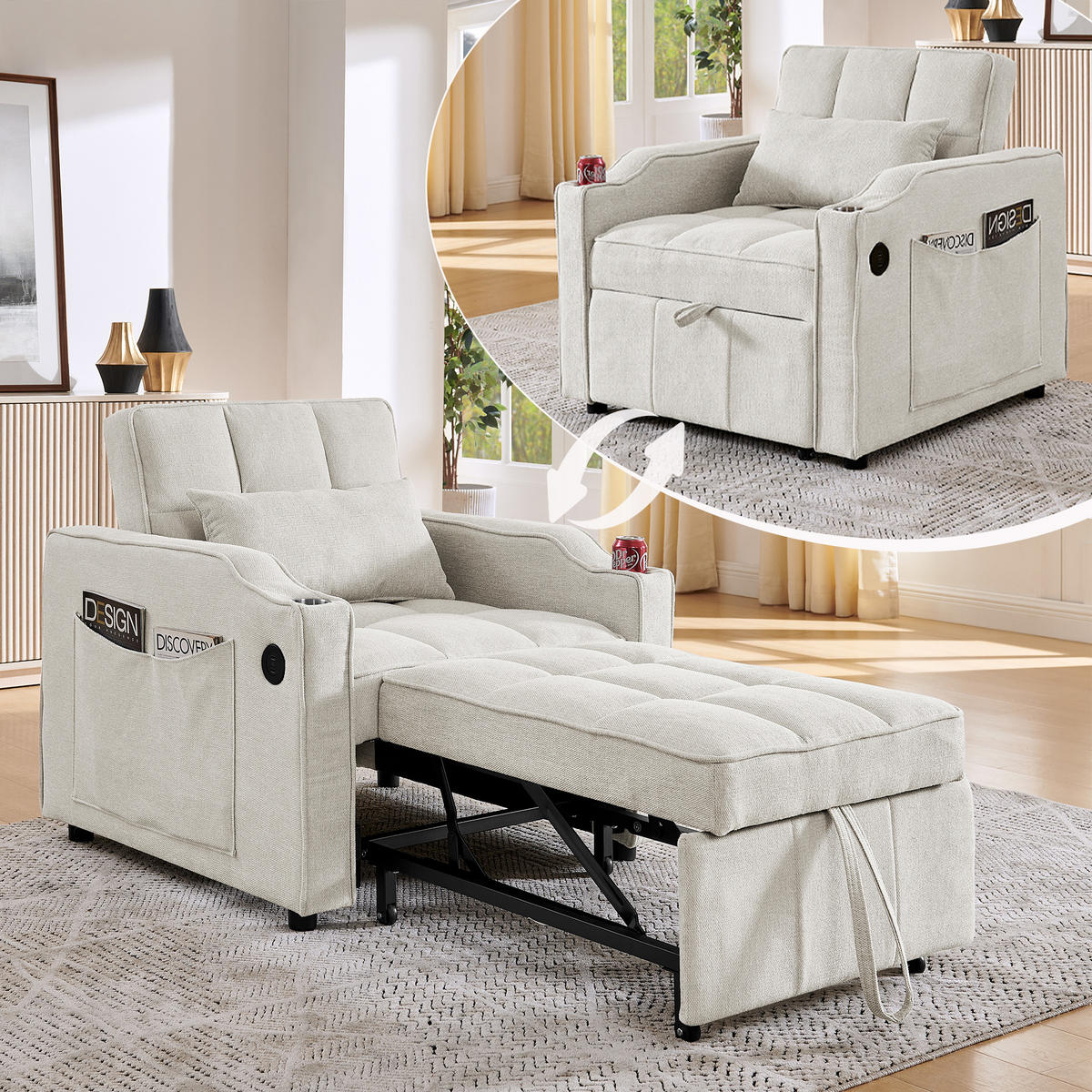 RELAXSESSEL 190/85/86 cm Beige mit USB-/Typ-C-Anschluss und Seitentasche - Beige, Textil (190/86/85cm) - Oxeza