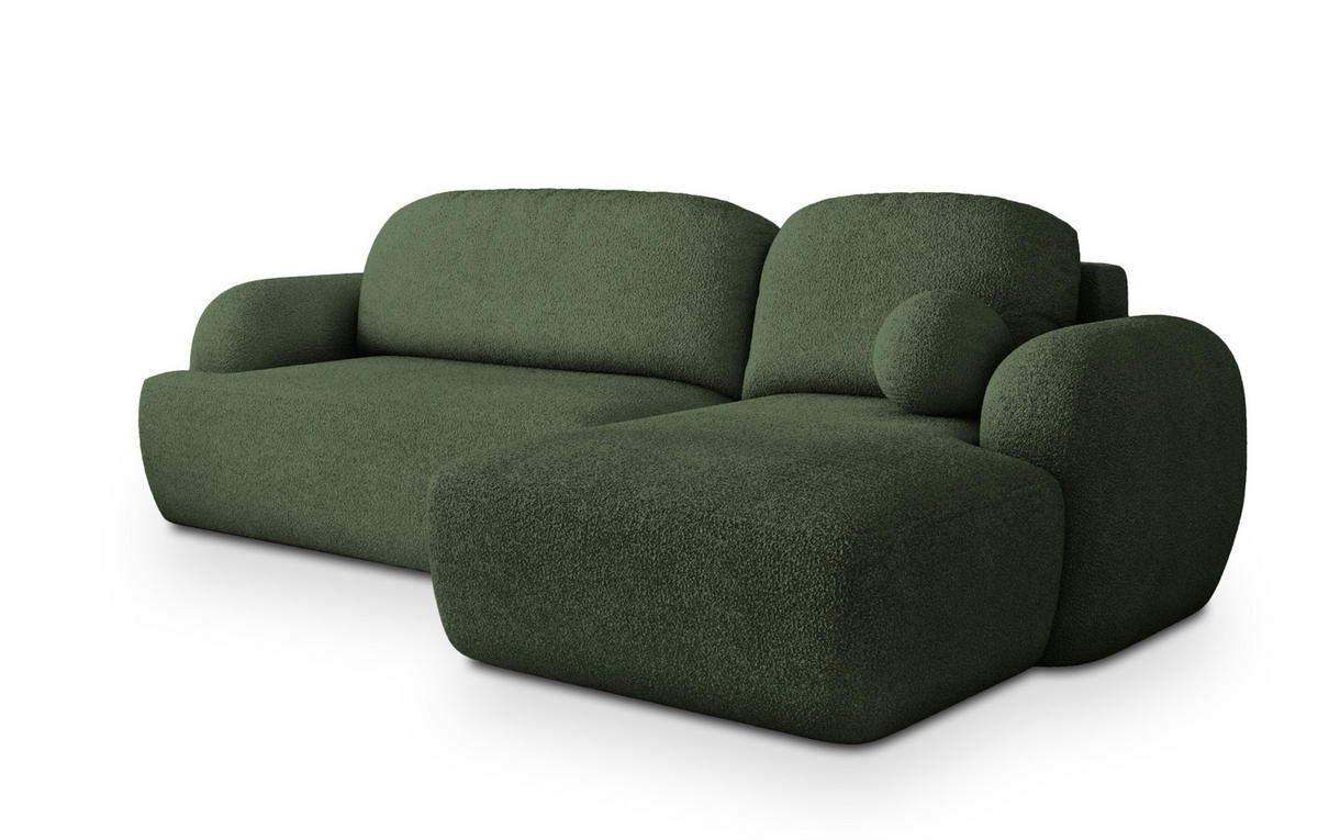 ECKSOFA MODENZA N R-S Grün Boucle-Stoff mit Schlaffunktion - Grün, Holz (266/148cm) - MASSENO