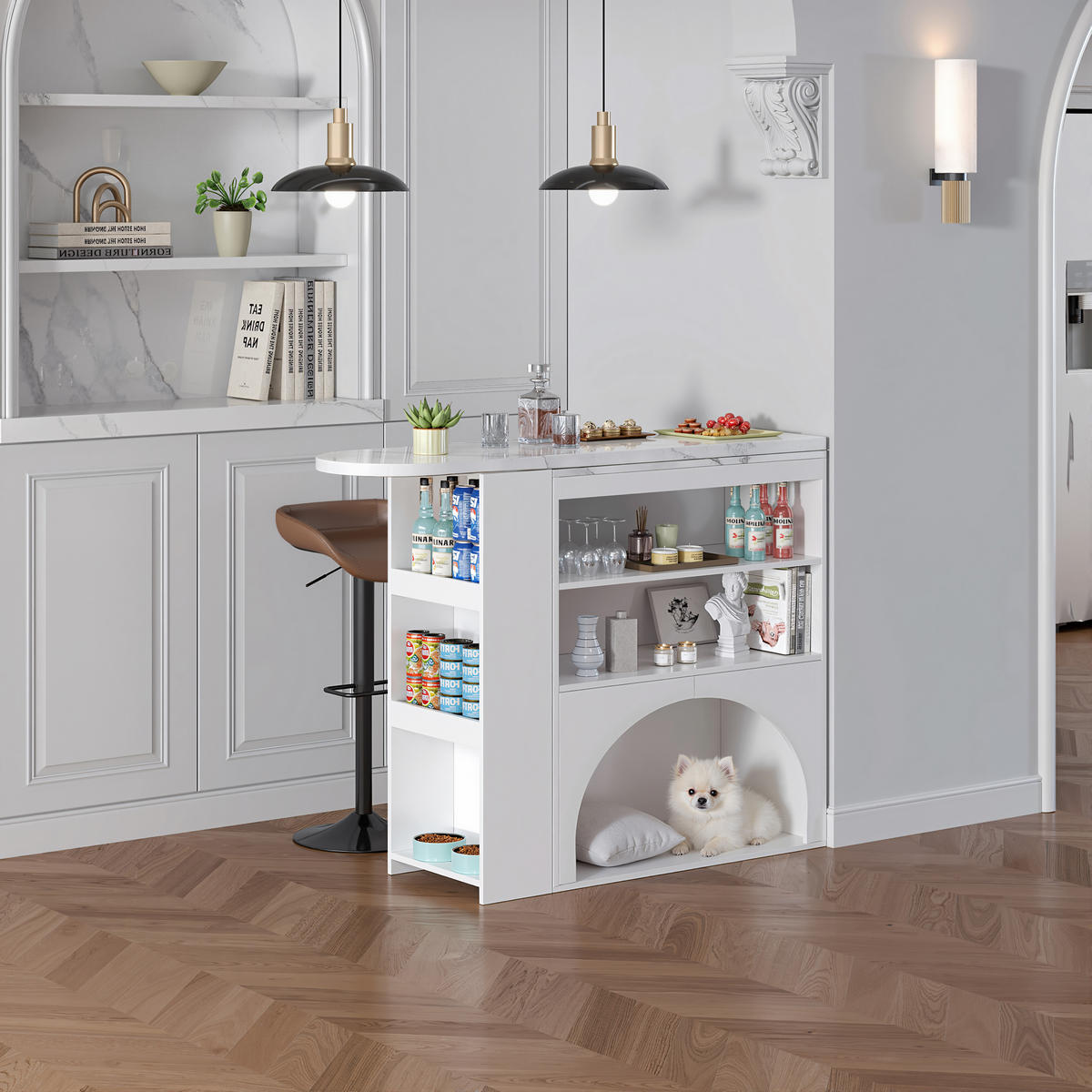 SCHREIBTISCH mit Haustierbereich und Marmordesign, Ablagen - Weiß, Holzwerkstoff (80/120/100cm) - EVRYAE