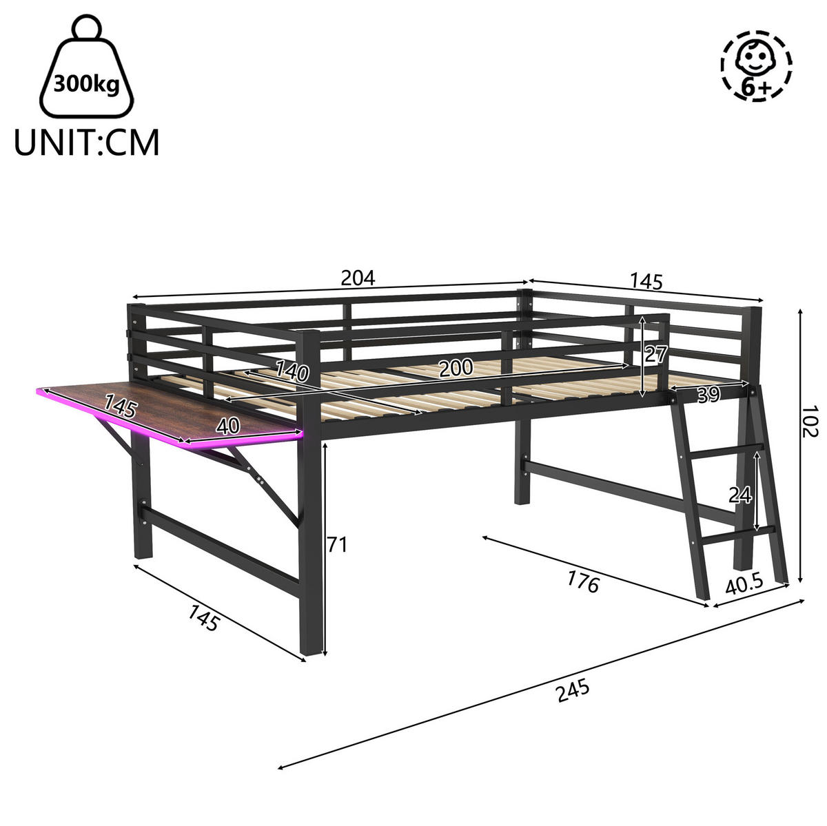 VYVÝŠENÁ posteľ 140/200 cm čierna z kovu so zábranou a rebríkom so sklápacím stolom a LED osvetlením - čierna, kov (140/200cm) - OKWISH