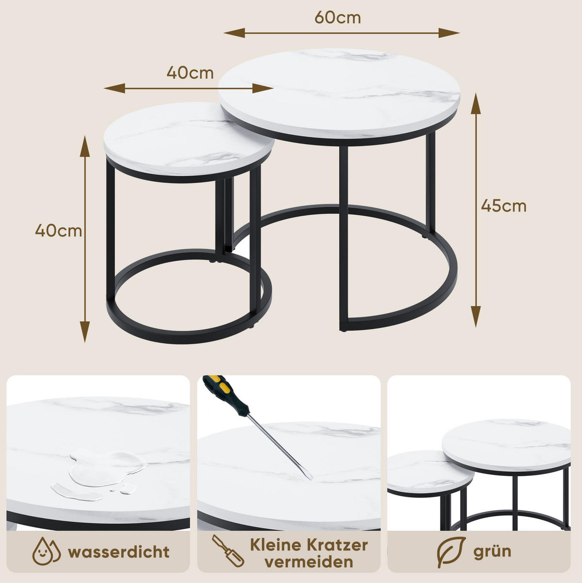 KONFERENČNÍ stolek 60/40 cm bílý s kovovou konstrukcí, 2dílná sada - bílá, kompozitní dřevo (60/60/45cm) - BEAOK