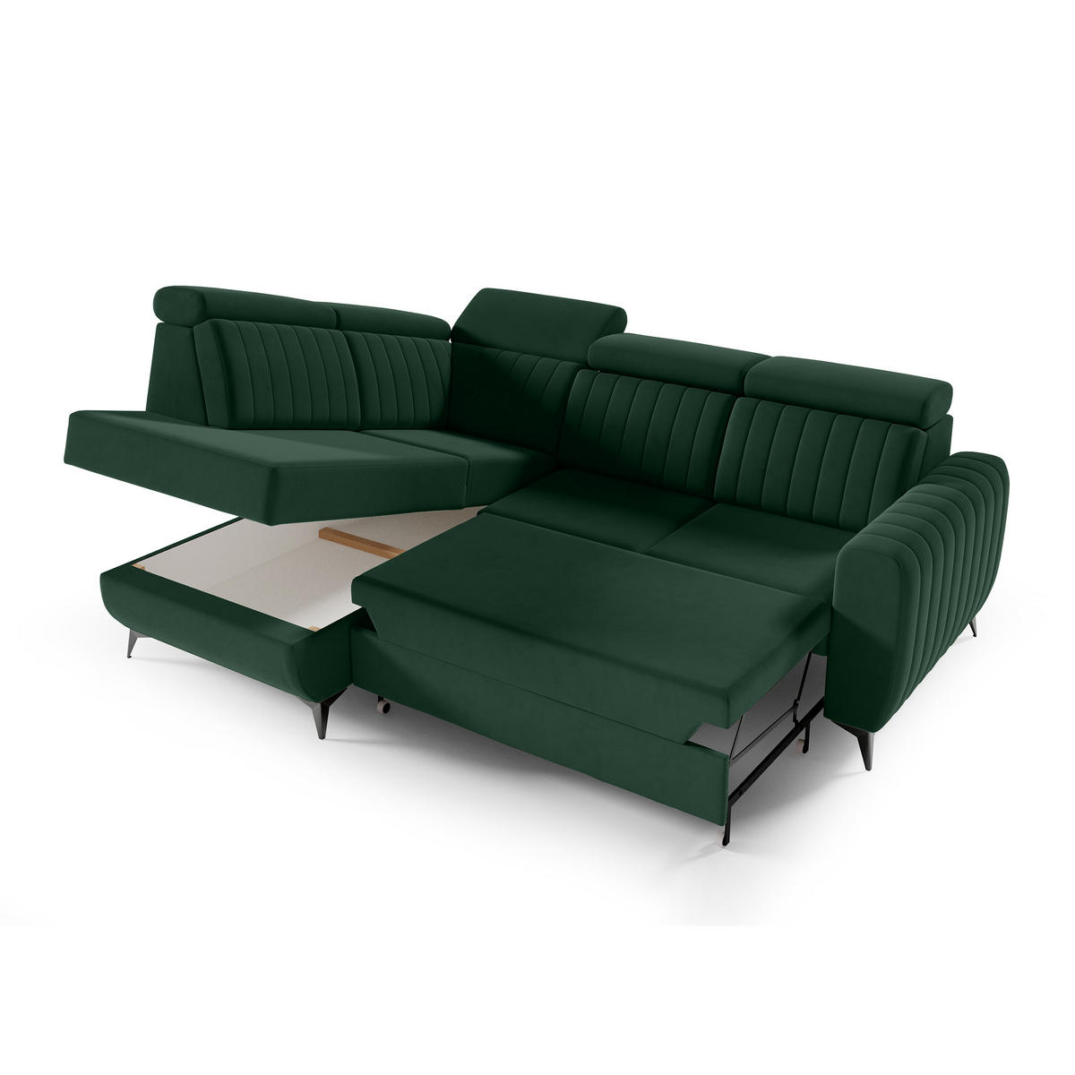 ECKSCHLAFSOFA Connor II verstellbare Kopfstützen, Dunkelgrün, links - Dunkelgrün/Schwarz, Textil (268/204cm) - Beautysofa