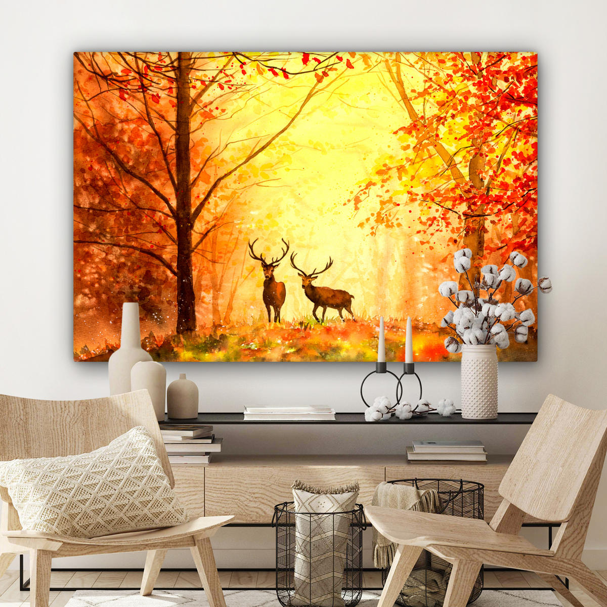 LEINWANDBILD Natur - Ölfarbe - Hirsche - Tiere - Herbst - Orange Groß 140x90 cm - Orange, Textil (140/90cm) - MuchoWow