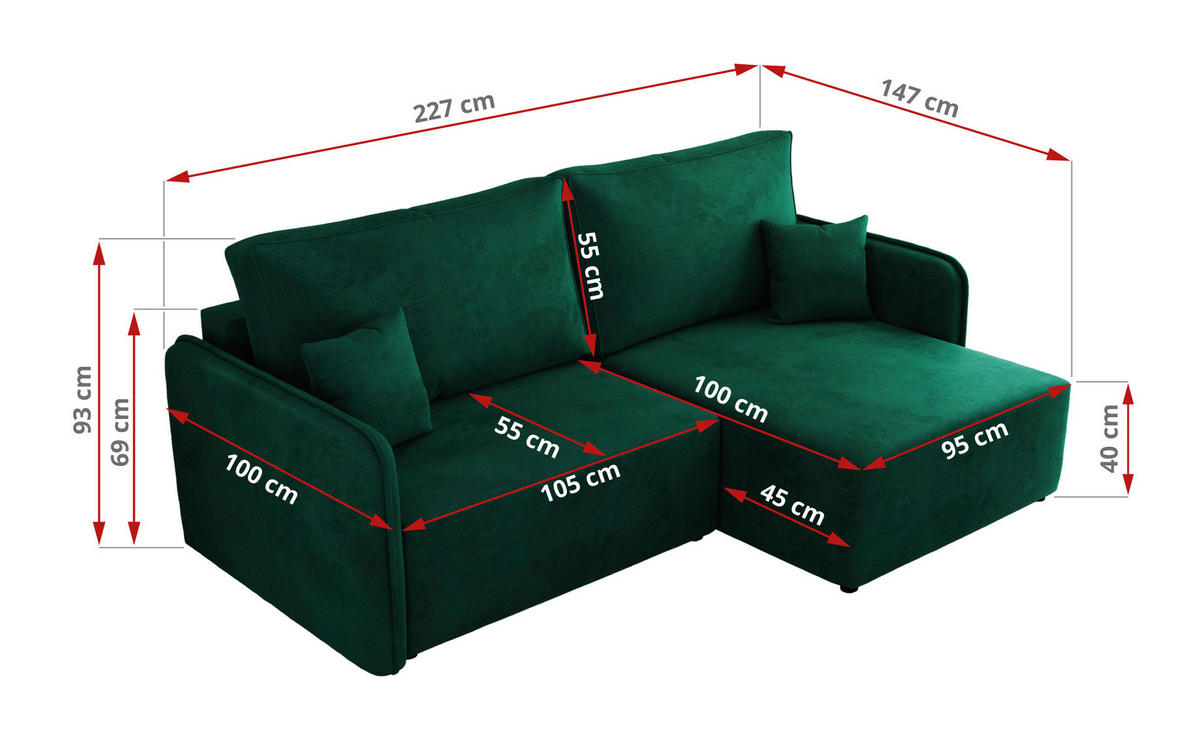 ECKSCHLAFSOFA MESTO L Dunkelgrün Velvet - links - Dunkelgrün/Schwarz, Kunststoff/Textil (227/147cm) - MKS