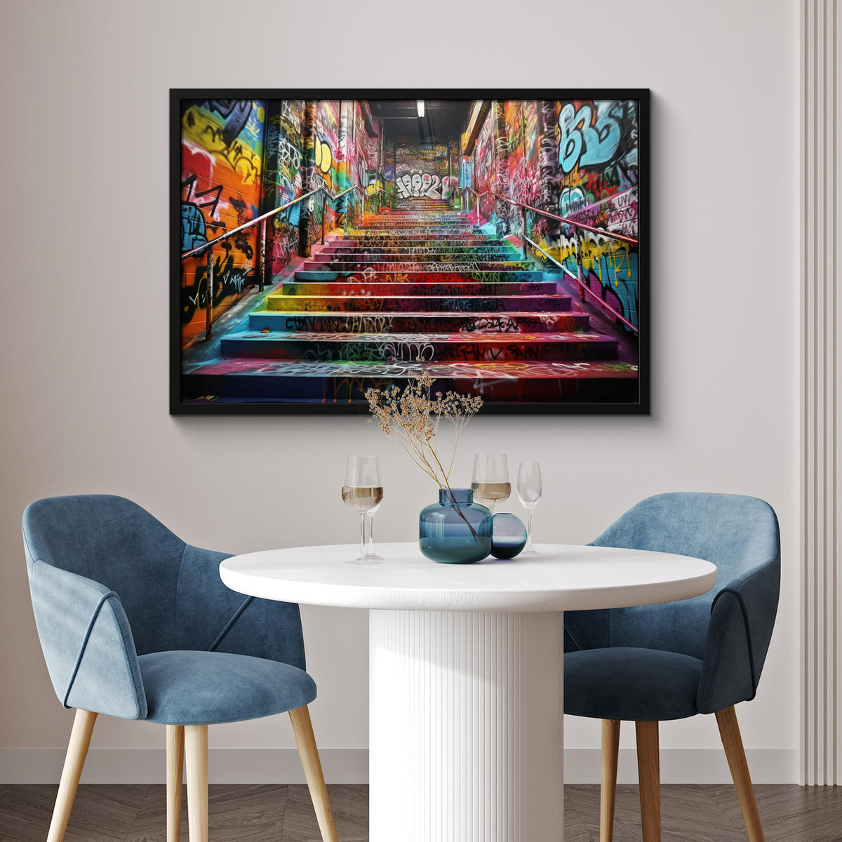 POSTER MIT RAHMEN Treppe - Graffiti - Farben - Kunst 90x60 cm - Multicolor, Papier (90/60cm) - MuchoWow