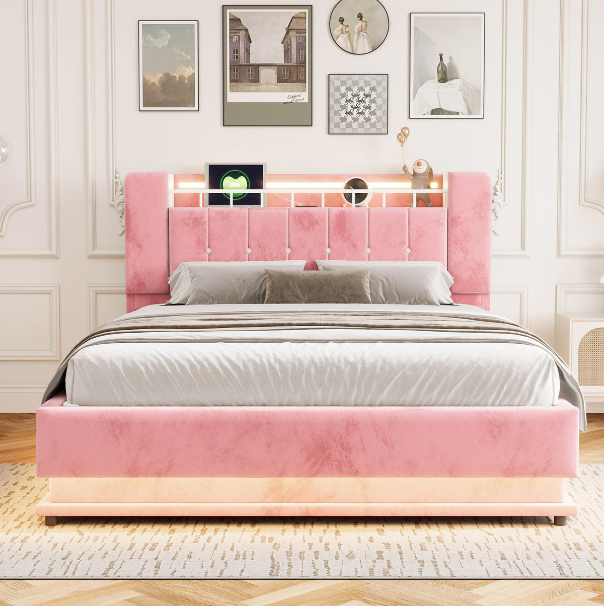 POLSTERBETT 160/200 cm in Rosa mit LED und hydraulischem Stauraum - Pink, Textil (160/200cm) - Flora Grace