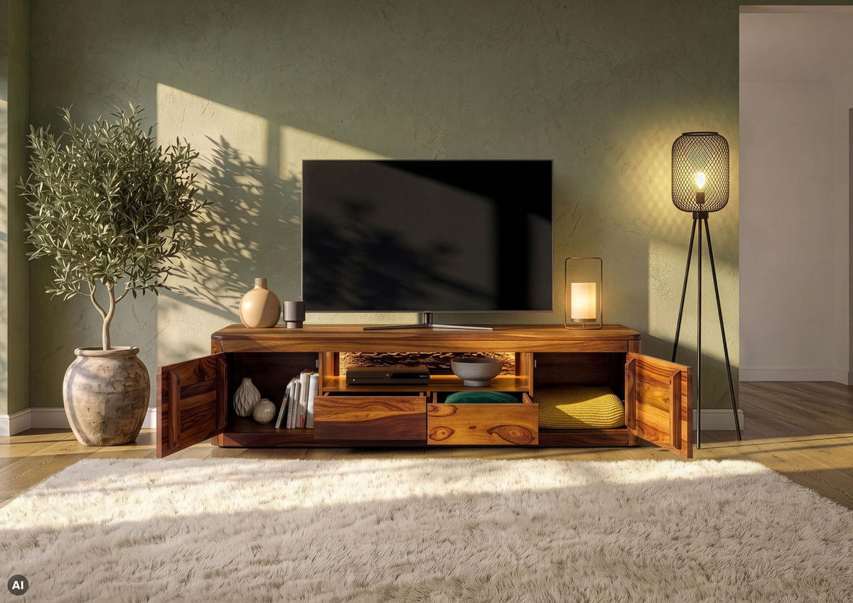 TV-BOARD Sheesham 200x45x50 walnuss gewachst TORONTO LUX #251 - Dunkelbraun, Holz (200/50/45cm) - Massivmoebel24