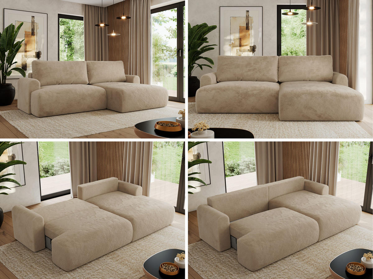 ECKSCHLAFSOFA TONO L Beige Plüsch - rechts - Beige/Schwarz, Kunststoff/Textil (150/260cm) - MKS