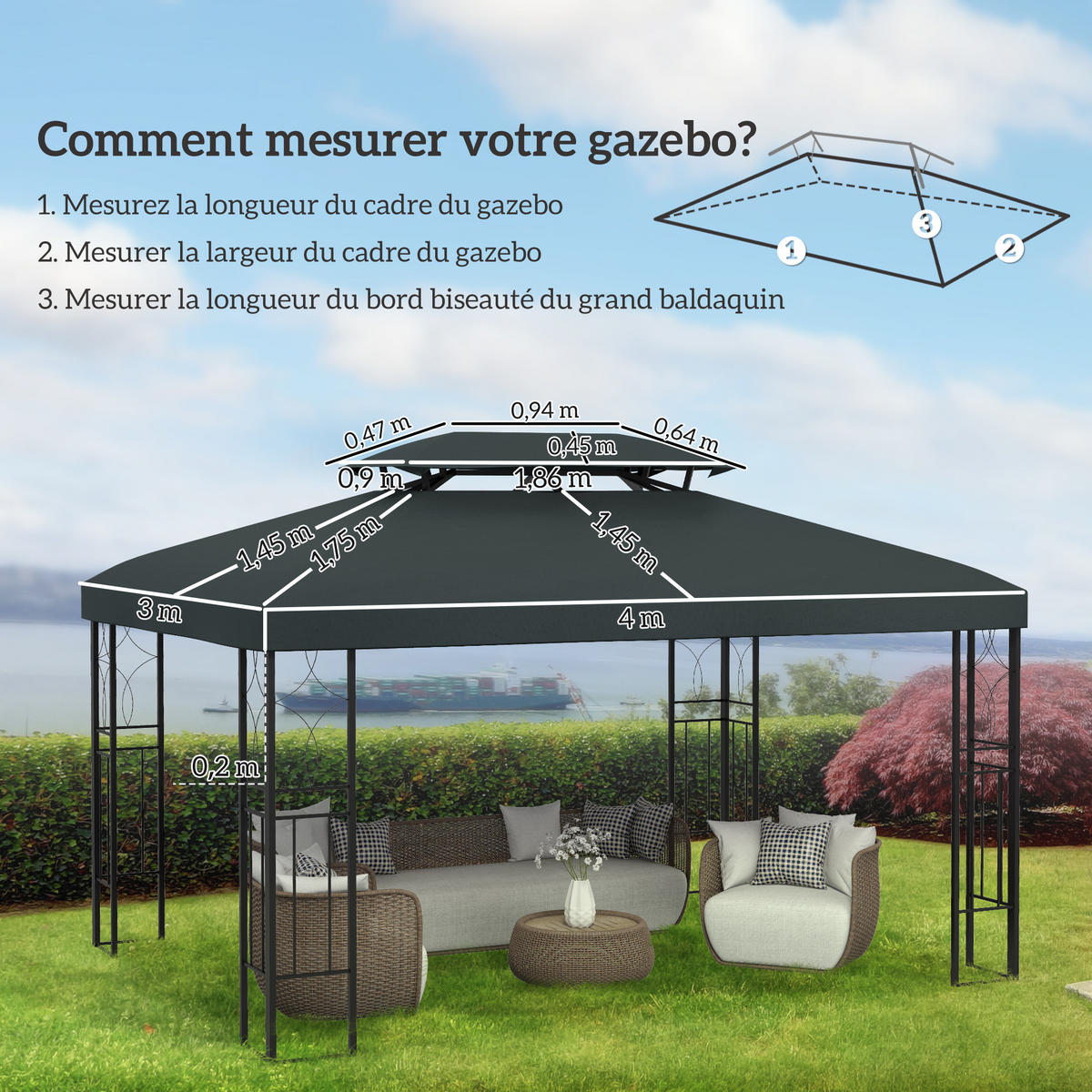 ERSATZDACH für Pavillon DE-12568 3x4 m mit Doppeldach Grau - Grau, Textil (400/1/300cm) - ComfortXL