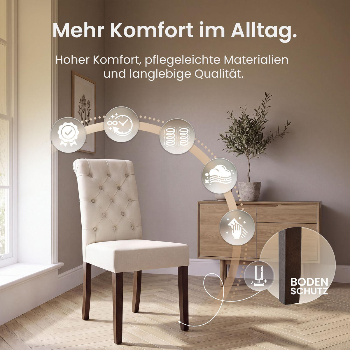STUHL 2er Set Samt creme - Walnussfarben/Creme, Holz/Textil (45/98/63cm) - CLP