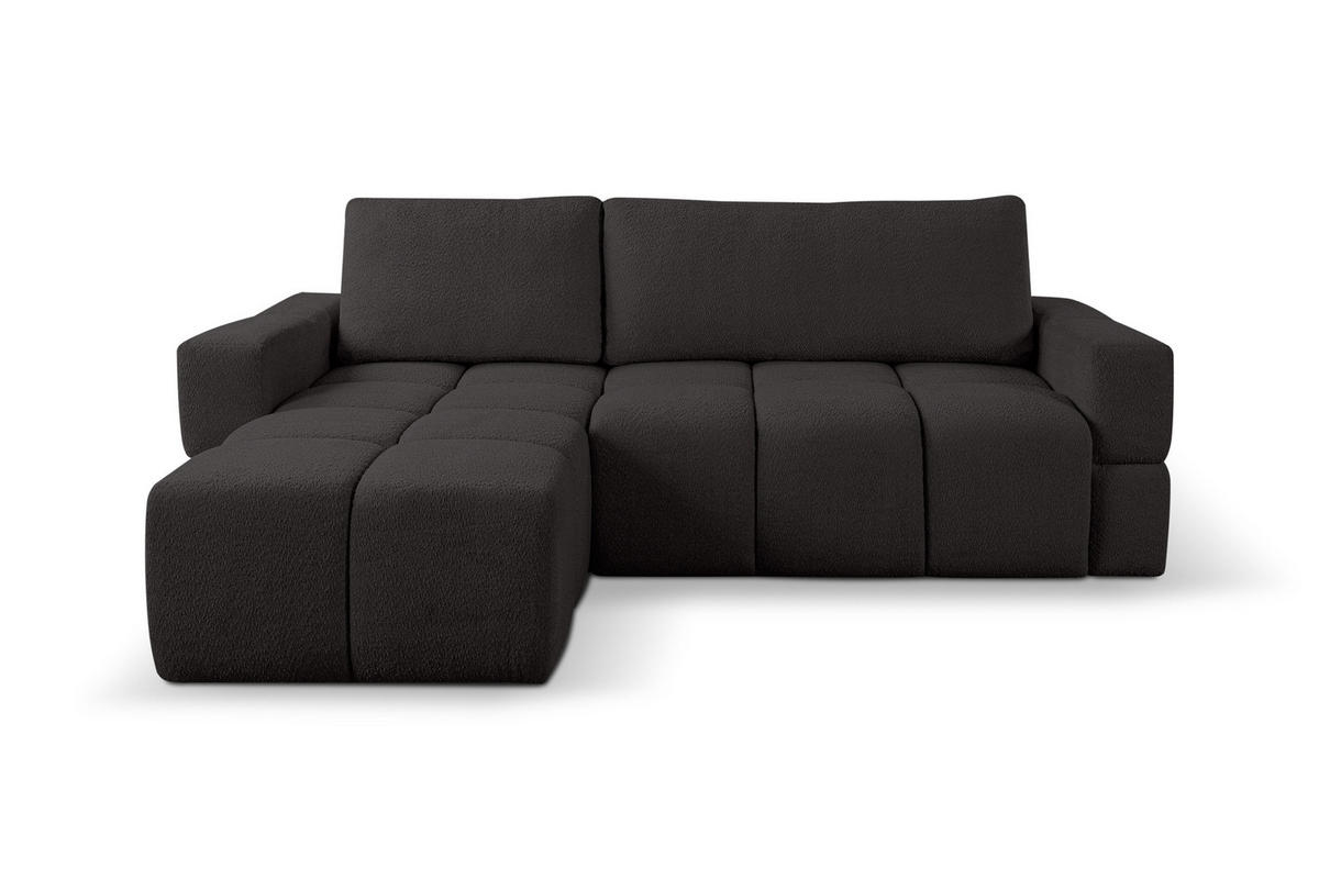 ECKSOFA LUSSO mit Schlaffunktion und Bettkasten, Farbe: Schwarz, Bouclé-Stoff, Ottomane Universal - Schwarz, Textil (255/165cm)