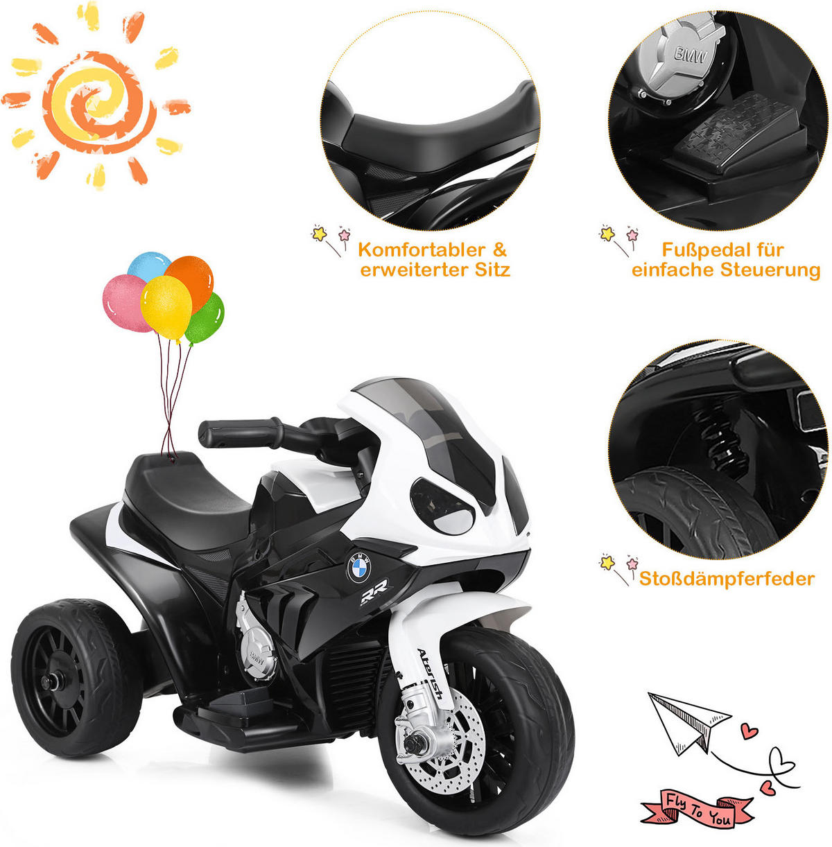 KINDERMOTORRAD BMW 6V Schwarz - Schwarz, Kunststoff (37/44/66cm) - COSTWAY
