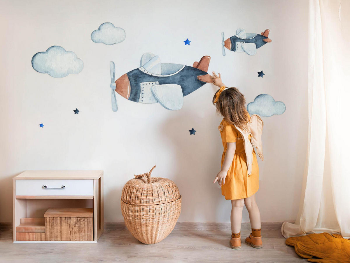 WANDAUFKLEBER 130x222cm - Ein Himmel voller Flugzeuge - Multicolor, Kunststoff (130/222/0.1cm) - Wallfluent