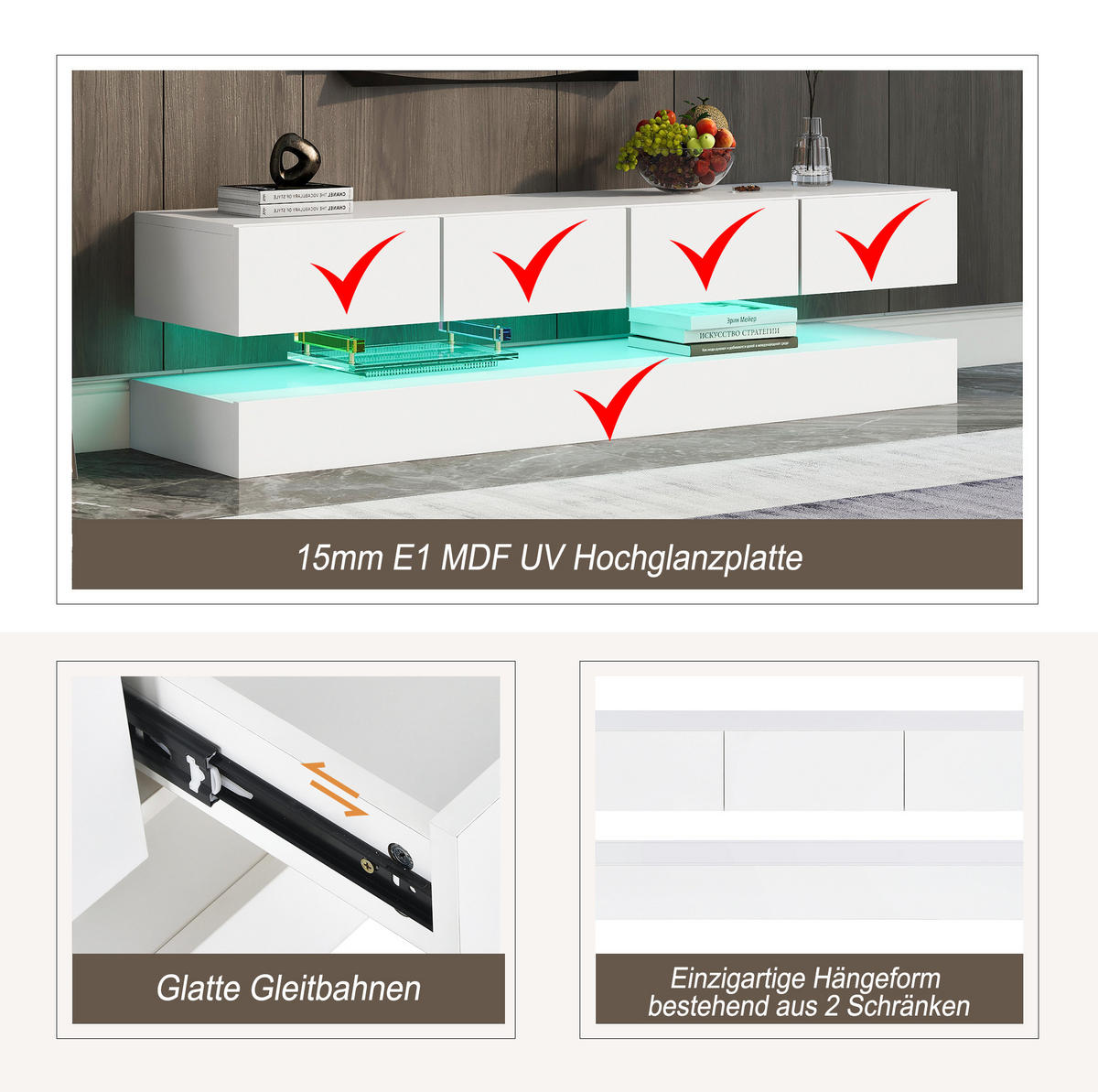 TV-ELEMENT wandhängend 130 x 33 cm MDF White mit LED-Beleuchtung - Weiß, Holzwerkstoff (33/15/130cm) - Beauniv