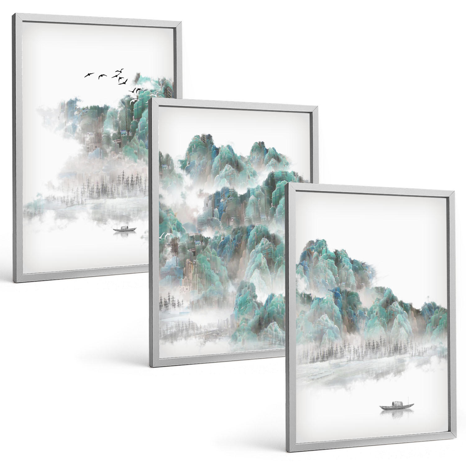 BILDER SET 3er Set - 40x60 cm Silberner Rahmen - Berge, Wolken, Vögel, Boot, Japandi - Silberfarben, Kunststoff (40/60cm) - TULUP