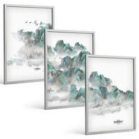 BILDER SET 3er Set - 40x60 cm Silberner Rahmen - Berge, Wolken, Vögel, Boot, Japandi - Silberfarben, Kunststoff (40/60cm) - TULUP