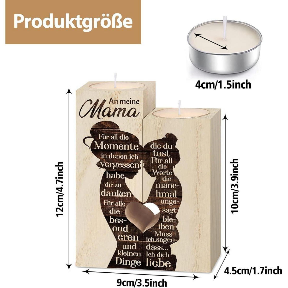 KERZENSTÄNDER Holz mit Gravur "An meine Mama" - Braun, Holz (4.5/12/9cm)