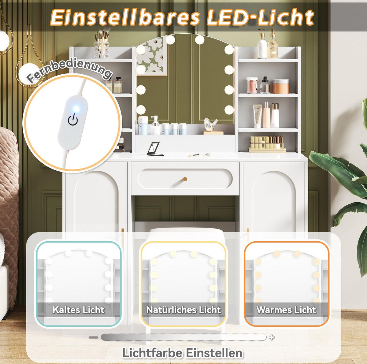 SCHMINKTISCH 110/40/132 cm Weiß aus MDF und Spanplatte mit LED-Spiegel - Weiß, Holzwerkstoff (40/132/110cm) - OKWISH
