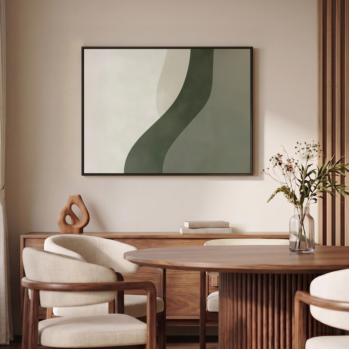 LEINWAND Bilder mit Rahmen - Japandi - Grün - Abstrakt - Modern - 100x70 - Salbeigrün, Textil (100/70cm) - MuchoWow