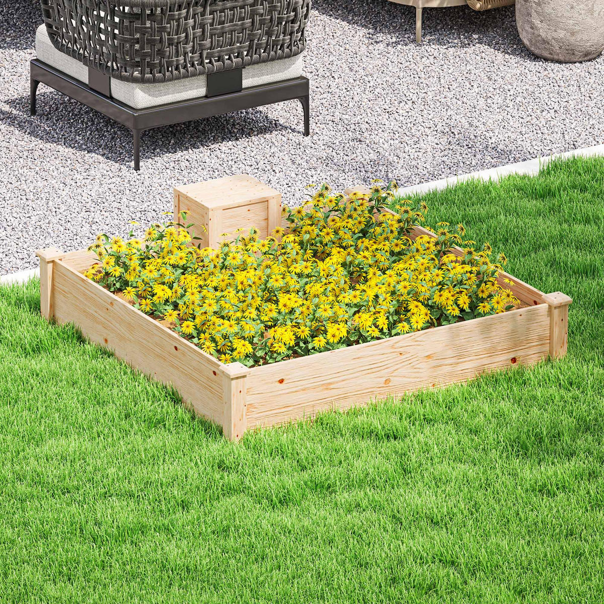 HOCHBEET DE-12229 123/123/25 cm mit Komposter Naturholz - Naturfarben, Holz (123/25.5/123cm) - ComfortXL
