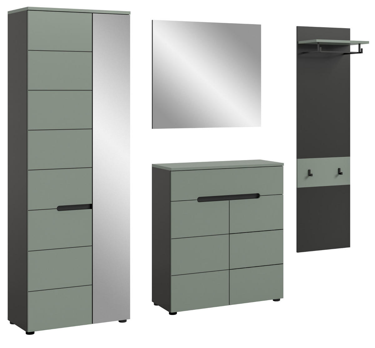 GARDEROBE-SET Salbei und Grau, Garderobe 4-teilig, 220 x 190 cm, Soft-Close, Cooper - Salbeigrün/Dunkelgrau, Holzwerkstoff/Kunststoff (220/190/37cm) - Inn.Furn