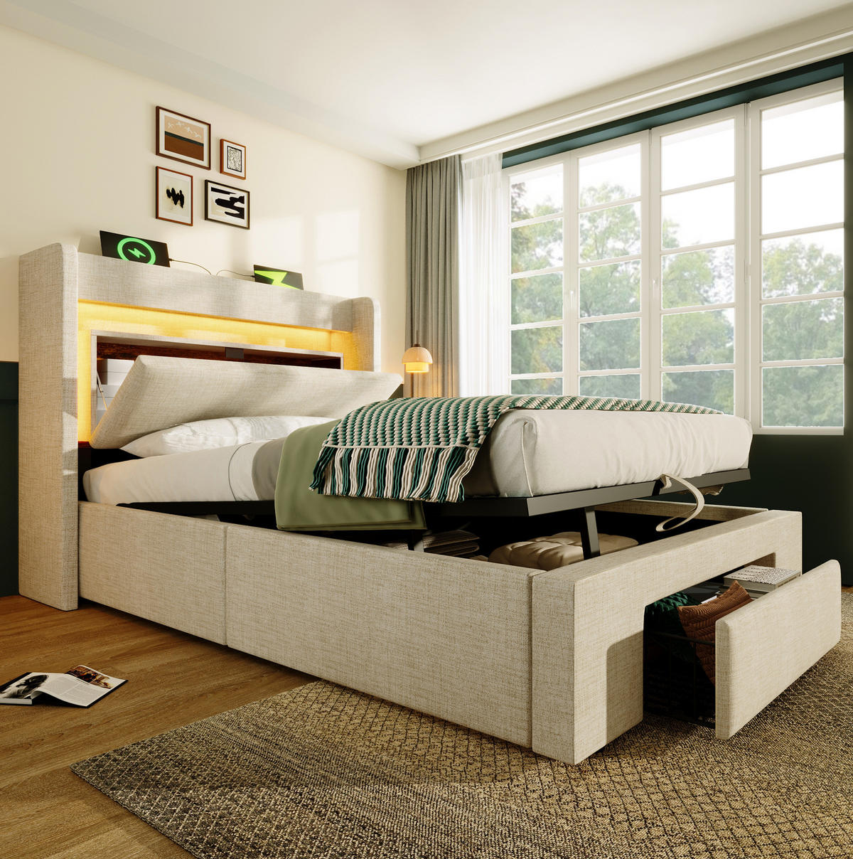 POLSTERBETT mit Stauraum und Matratze 90x200 cm Leinen Beige - Beige, Metall (90/200cm) - Beauniv
