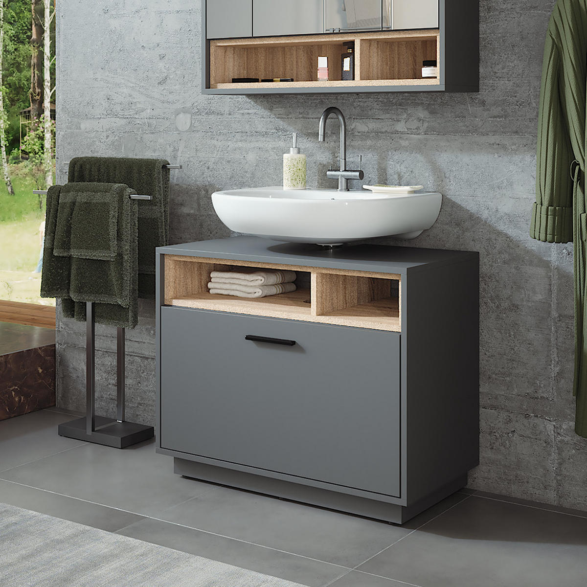 WASCHBECKENUNTERSCHRANK Beatrice Anthrazit/Sonoma 80 x 64 cm mit Schublade - Anthrazit/Sonoma Eiche, Holzwerkstoff (80/64/35cm) - Vicco