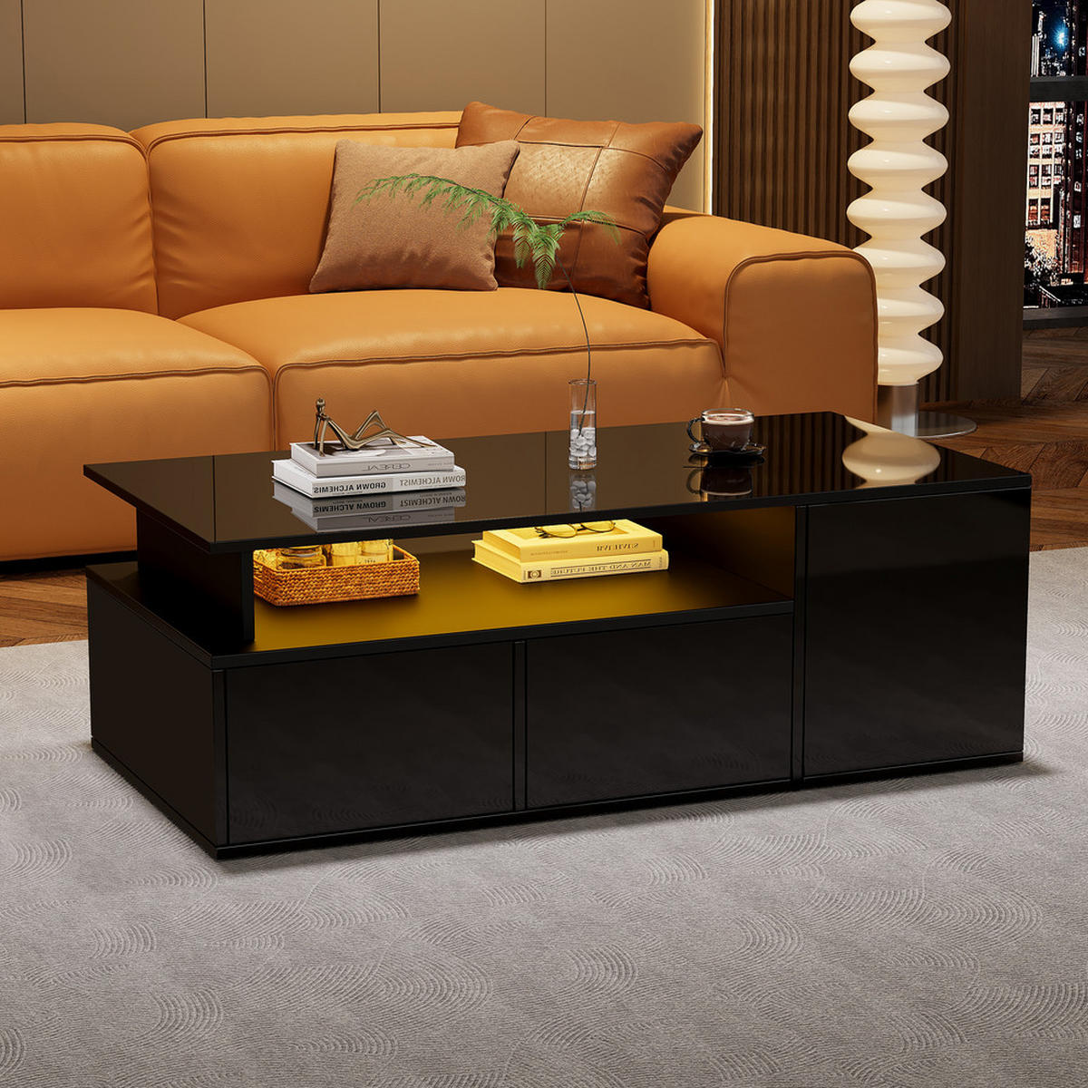 COUCHTISCH 100x50cm Schwarz LED 2 Schubladen 60kg Tragfähigkeit Stauraum - Schwarz, Holz (113.49/59.49/13cm) - FLIEKS