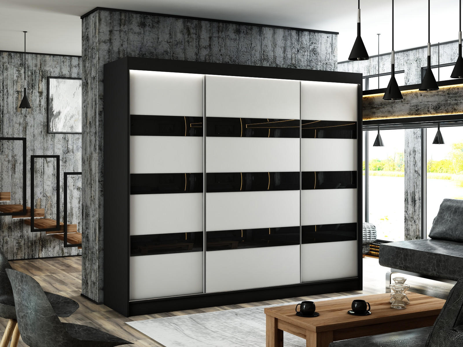 KLEIDERSCHRANK SOLTI mit LED - 250 cm - Schwarz - Schwarz, Holzwerkstoff (250/215/61cm) - ALTDECOR