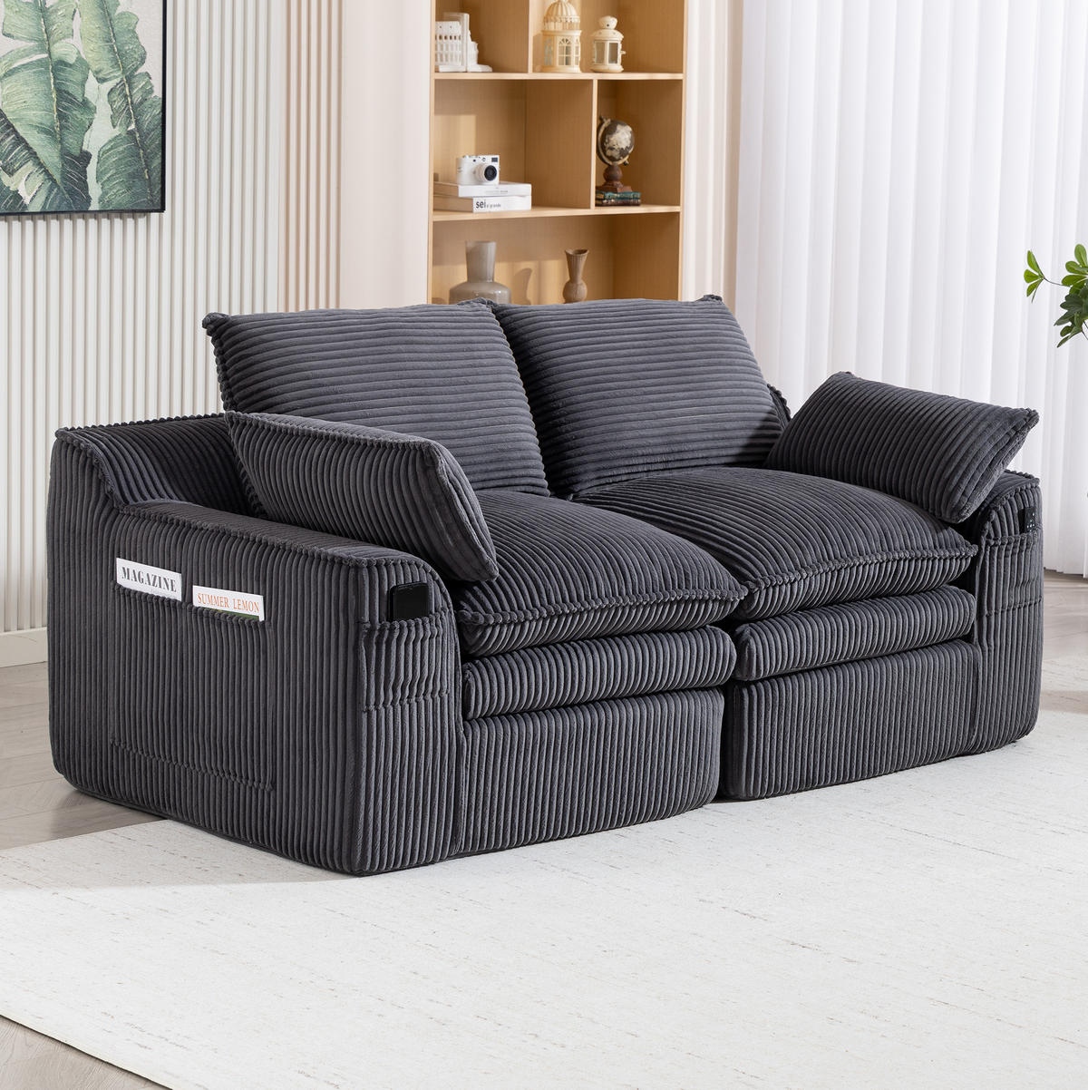 2-SITZER-SOFA 191/94/85 cm mit Seitentaschen, Kissen und Federkern, Cord, Dunkelgrau - Dunkelgrau, Textil (191/85/94cm) - Redom