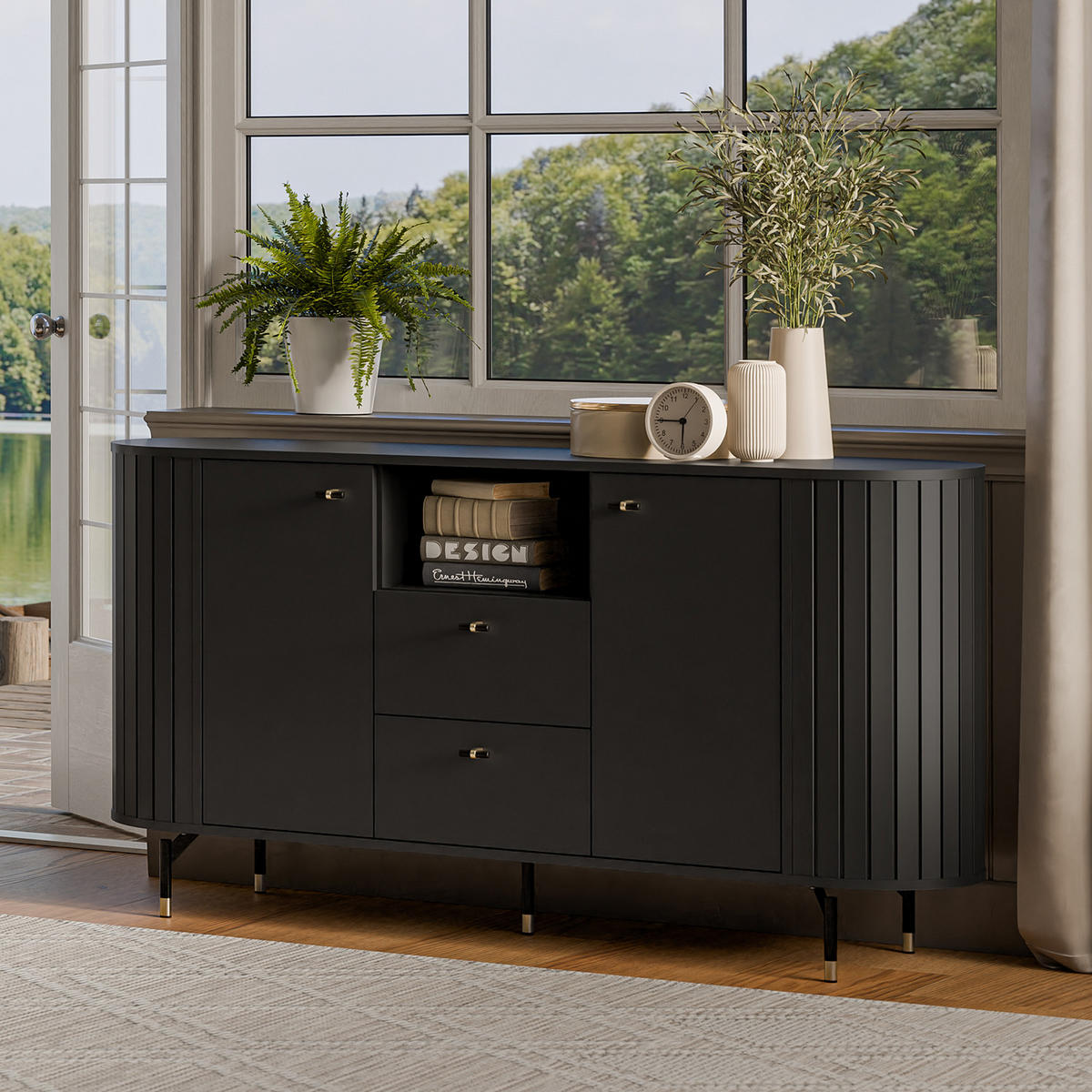 KOMMODE Zalia mit 2 Türen und 2 Schubladen, 150 cm, im Retro-Stil, Schwarz - Schwarz, Holzwerkstoff (150/81/40cm) - Beautysofa