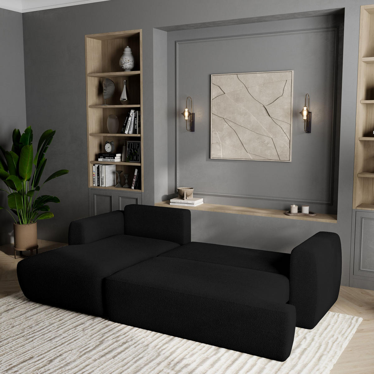 ECKSOFA SENTI N L-S Schwarz Boucle-Stoff mit Schlaffunktion - Schwarz, Holz (246/148cm) - MASSENO