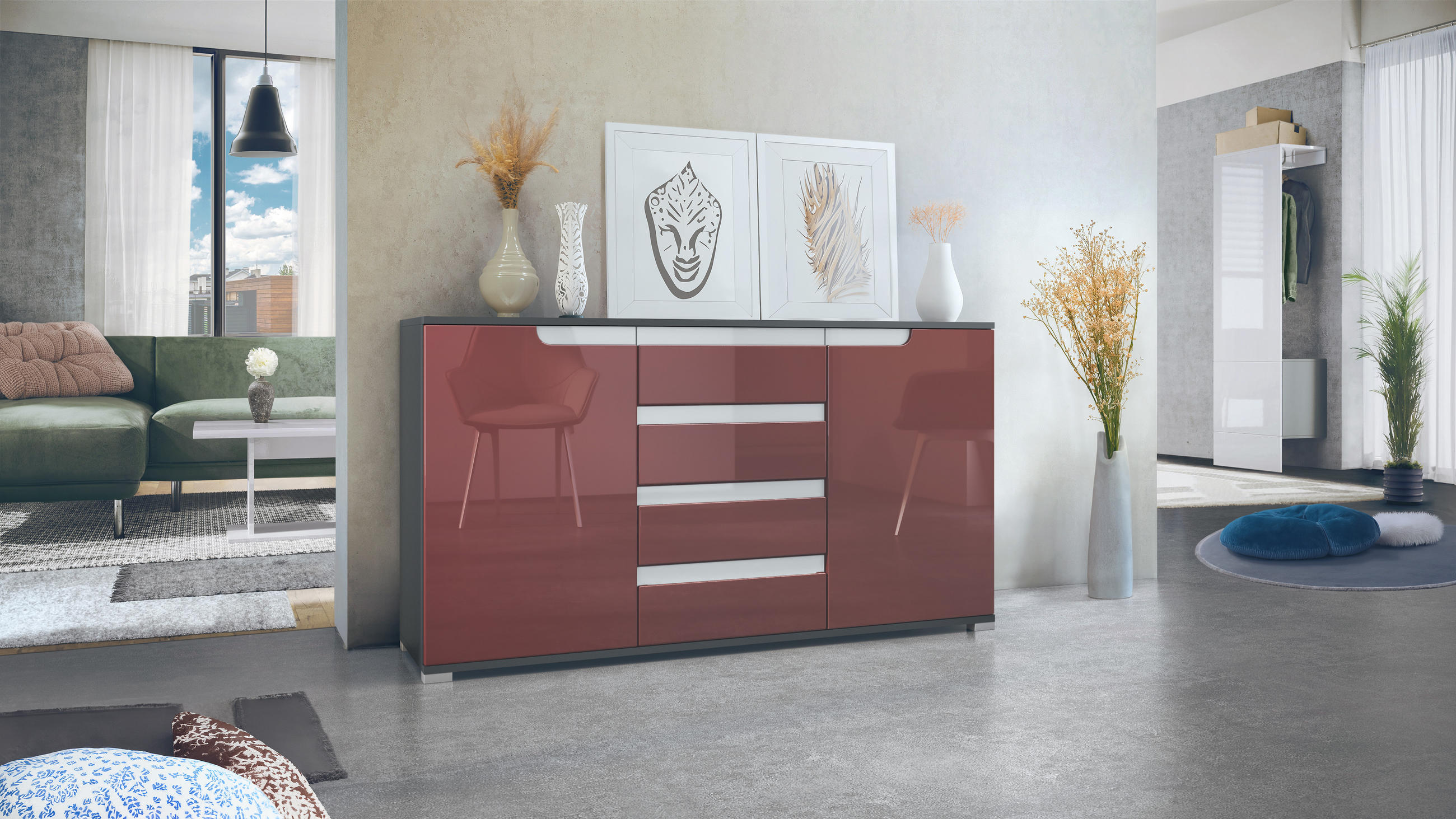 SIDEBOARD Sylt Bordeaux Hochglanz / Weiß Hochglanz - Bordeaux, Holzwerkstoff (138.5/75.5/35cm) - Vladon