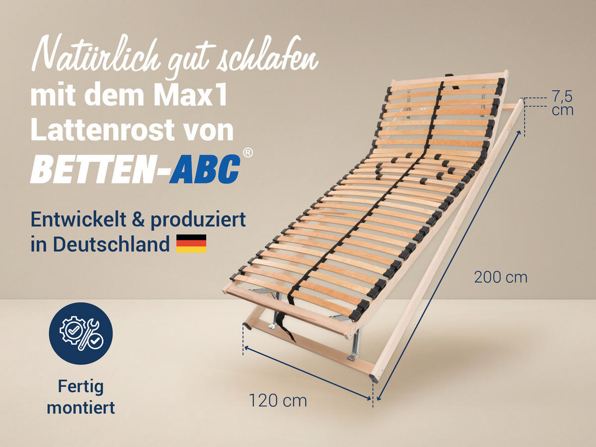 LATTENROST MAX1 K+F, Fertig montiert, Kopf- und Fußteil verstellbar, Größe: 120x200 - Braun, Holz (120/200cm) - Betten-ABC