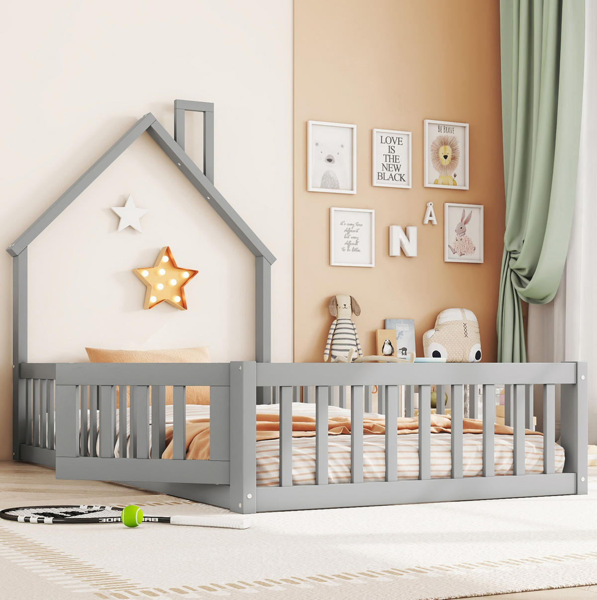 KINDERBETT Kindereinzelbetten 90/200 cm mit Lattenrost, Sicherheitsgitter und Schornstein-Design aus Kiefer, Grau - Grau, Holzwerkstoff (90/200cm) - Redom