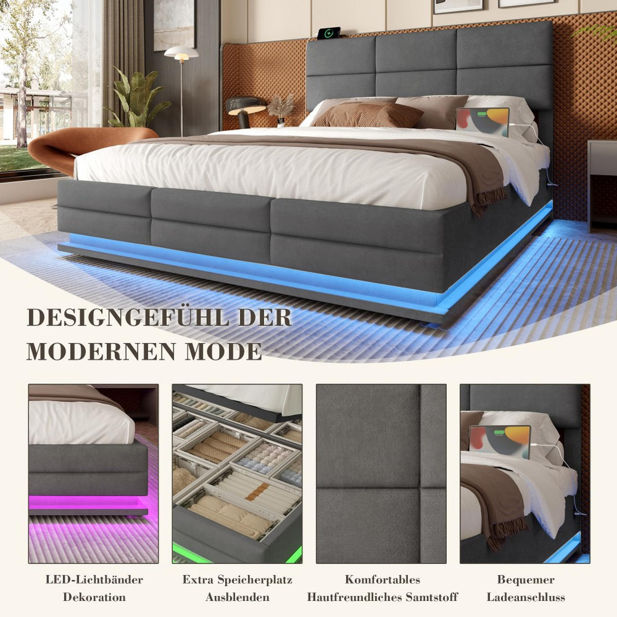BOXBETT 180/200 mit Bettkasten, LED, USB/Typ C-Ladeanschluss,Samt,Grau - Grau, Holz (180/200cm) - LVHOM