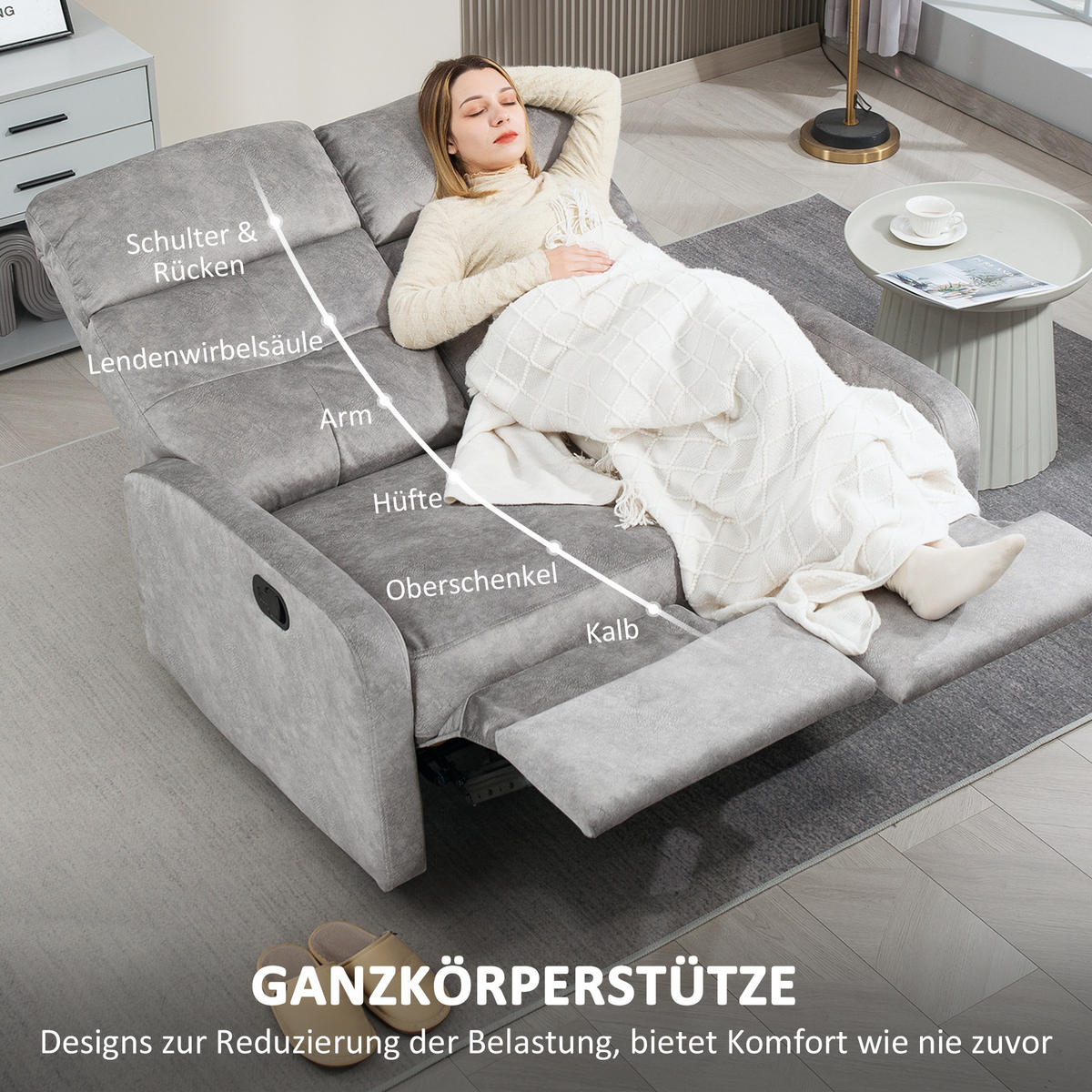 FERNSEHSESSEL Relaxsessel mit Liegefunktion, 2 Sitzer Sofa mit Fußablage, Grau - Grau, Textil (95/101/118cm) - HOMCOM