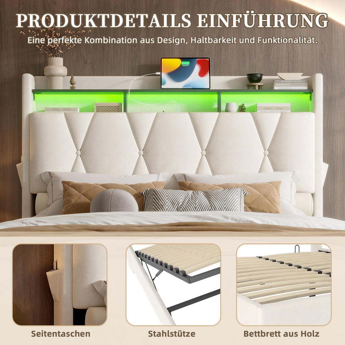 BOXBETT 160/200 mit Bettkasten, LED, USB/Typ C-Ladeanschluss,Samt,Beige - Beige, Metall (160/200cm) - LVHOM