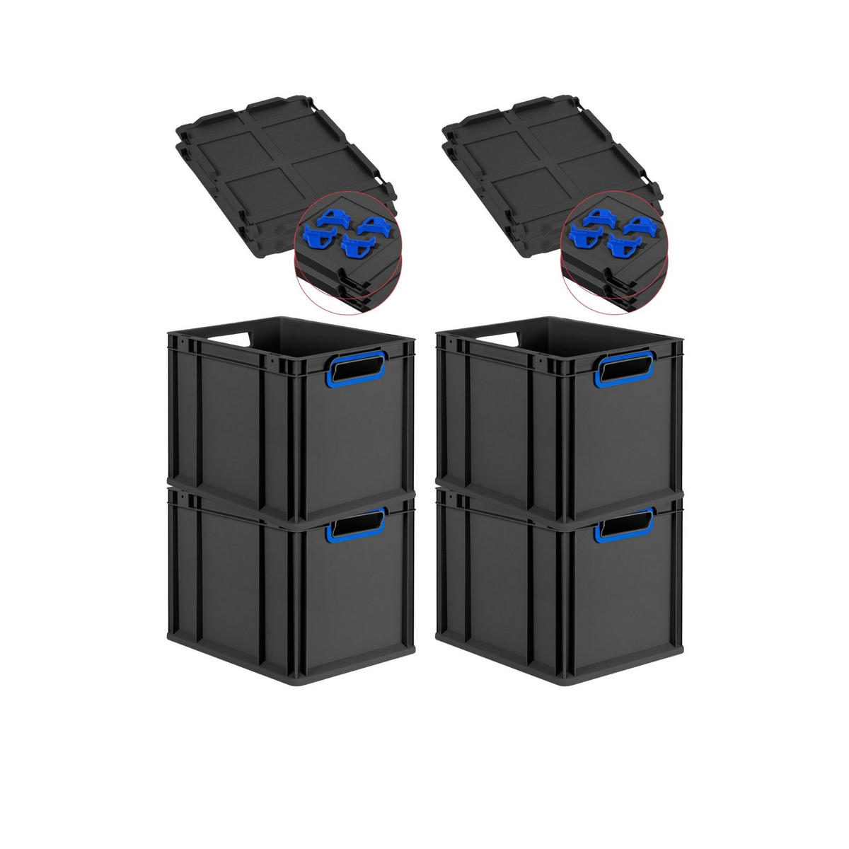 EUROBOX 4x NextGen Color mit Auflagedeckel 32x30x40 cm 30 Liter Schwarz Griffe blau offen - Blau/Schwarz, Kunststoff (30/32/40cm) - PROREGAL