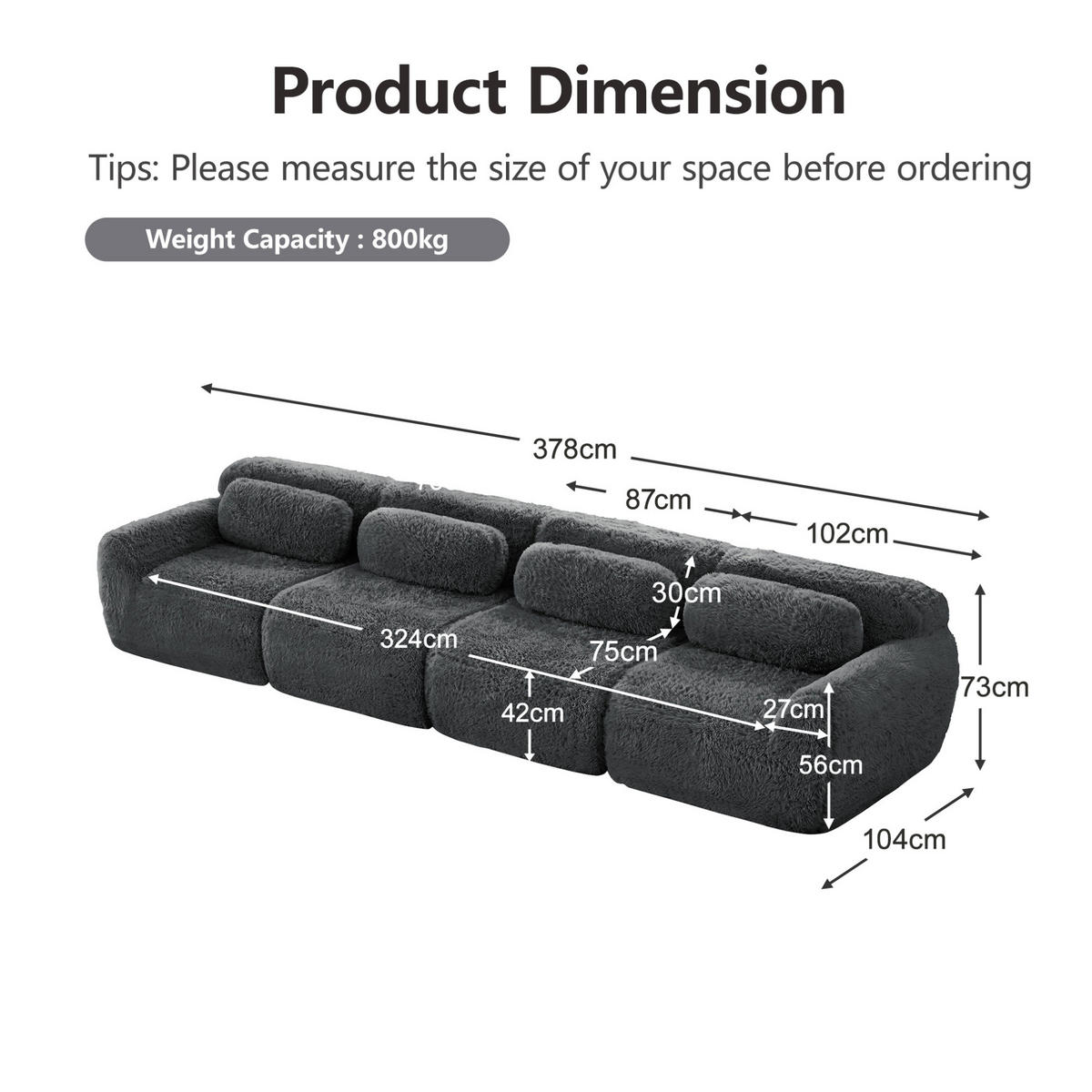 SOFA modular Plüsch Grey - Grau, Kunststoff (104/73/378cm) - Meubliv