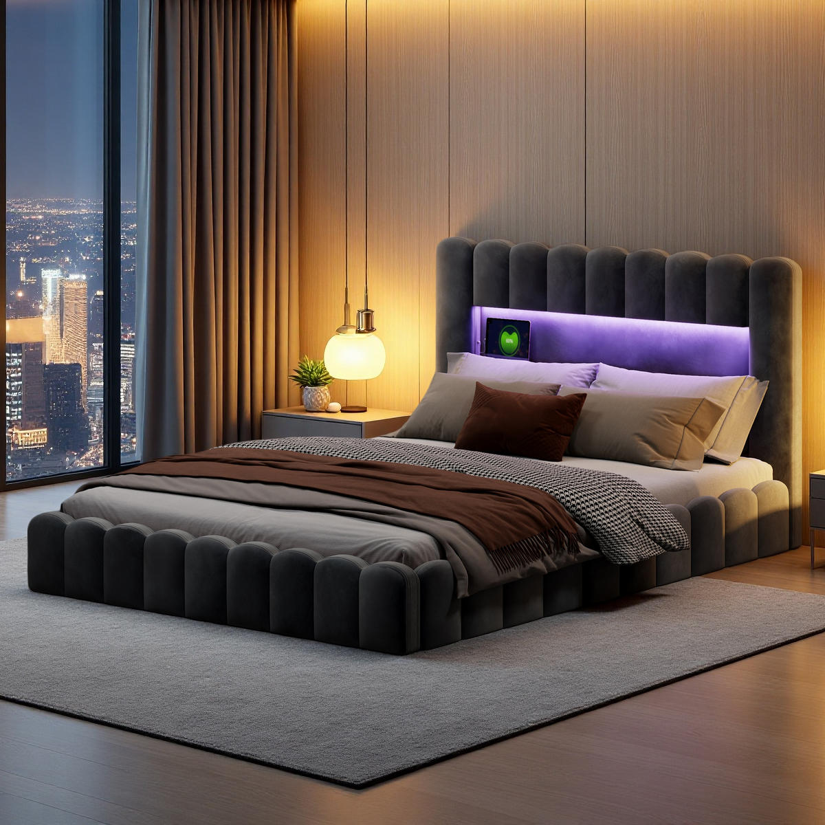 POLSTERBETT 180x200 cm Bubble Design LED USB Stauraum grau - Grau, Holz (180/200cm) - LEBENLANG