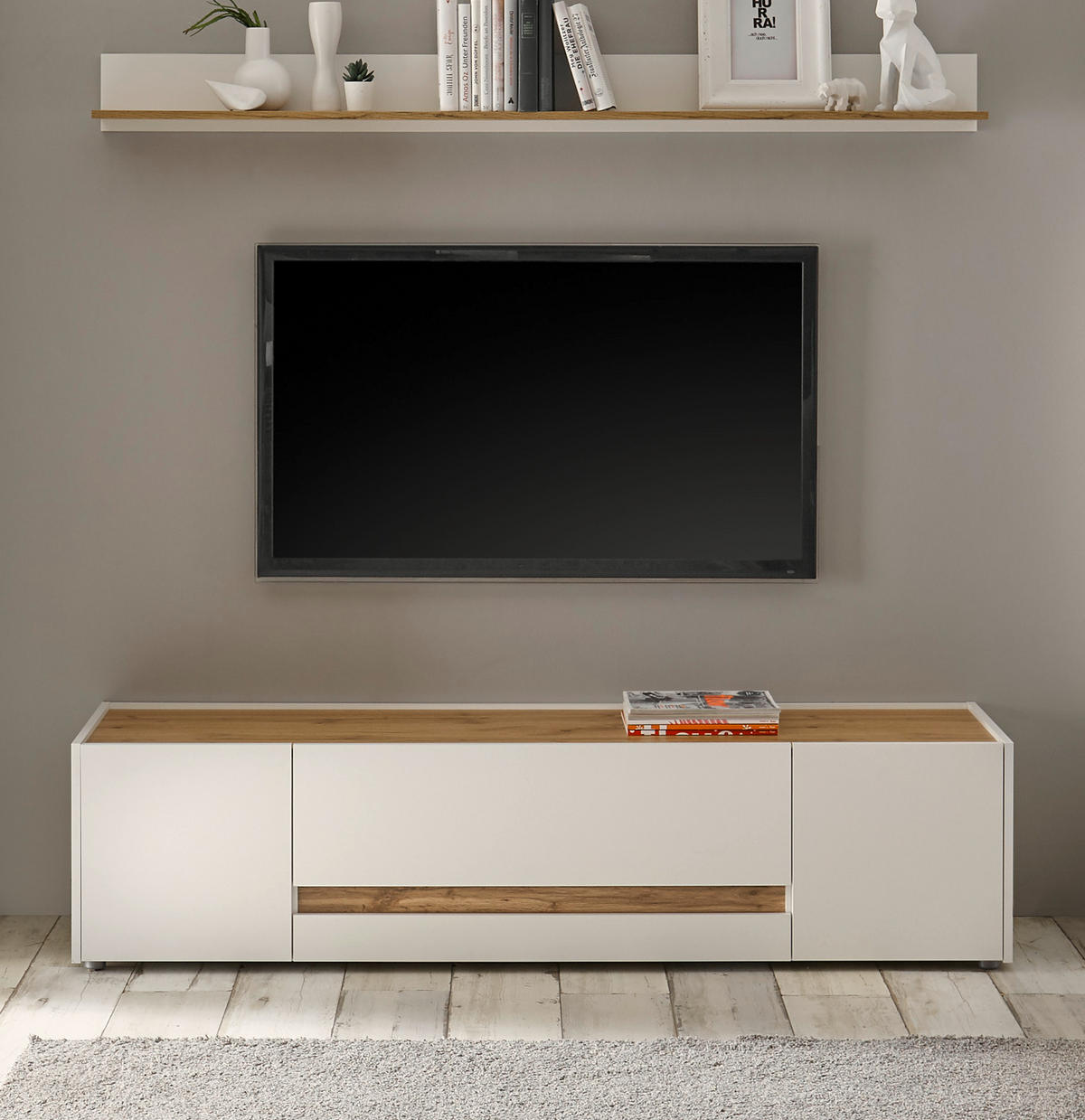 TV-LOWBOARD weiß, Eiche Wotan 170 cm, TV-Unterteil mit Doppelschubkasten - Eiche Wotan/Schwarz, Holz/Holzwerkstoff (170/40/45cm) - Furn.Design