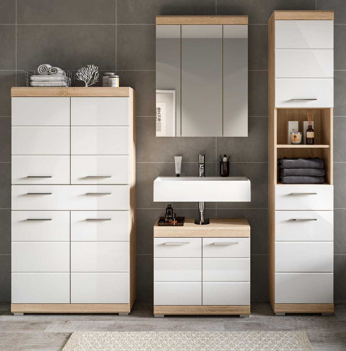 BADMÖBEL-SET weiß Hochglanz, Eiche 4-teilig 186 cm, viel Stauraum - Weiß Hochglanz/Eichefarben, Holzwerkstoff (186/191/34cm) - Inn.Furn