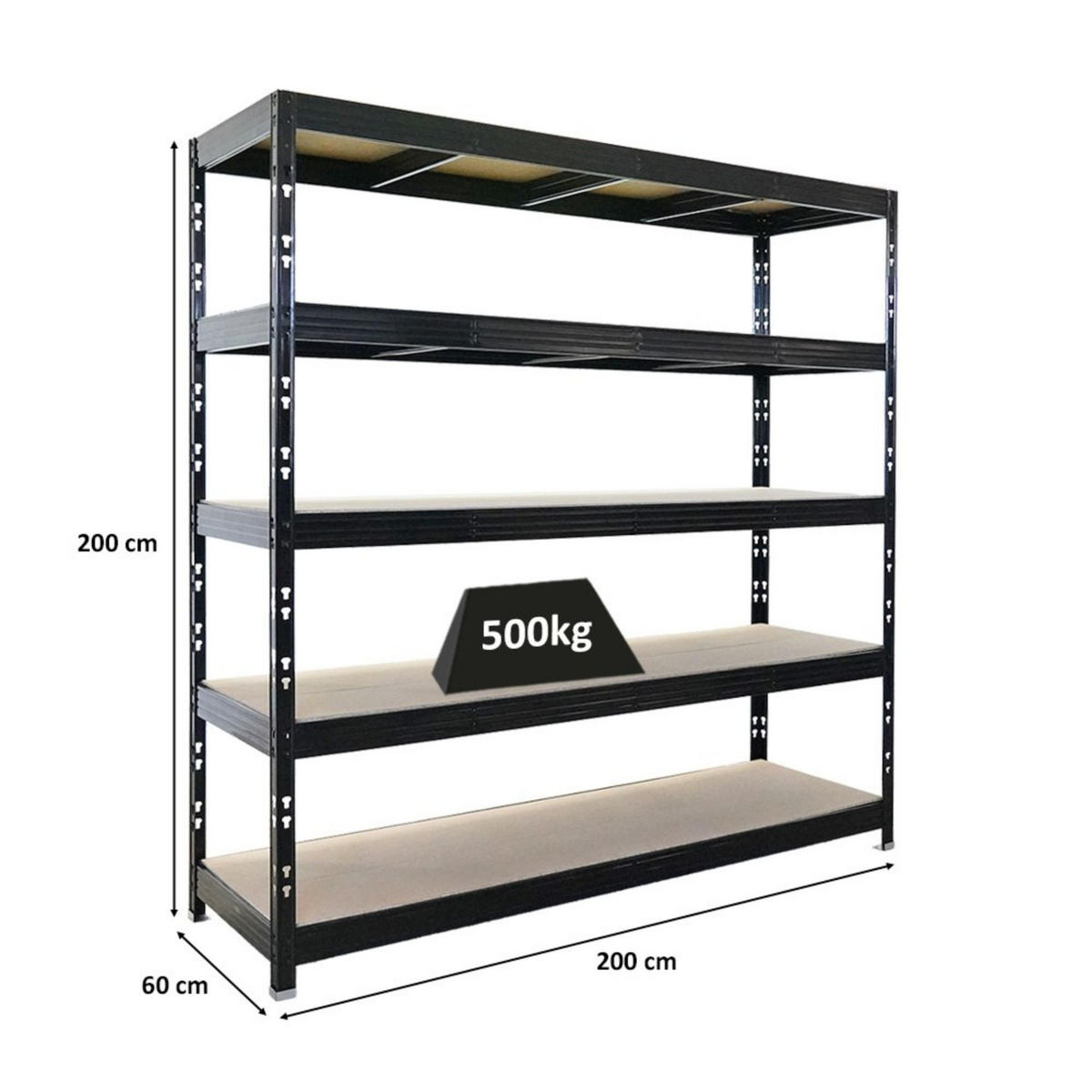 SCHWERLASTREGAL Rhino 200x200x60 cm 5 Spanplatten-Ebenen 8mm Fachlast 500 kg Schwarz - Schwarz, Metall (200/200/60cm) - PROREGAL